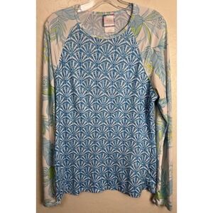 Stella Parker Collection Blue Fan Tropical Floral Raglan Sun Shirt L 2427